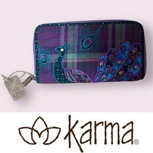NWT Karma Purple Plaid Peacock Wristlet Wallet, MSRP $20